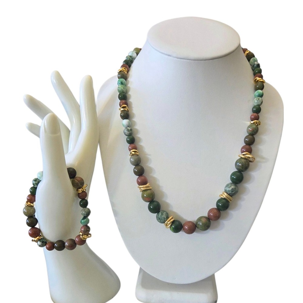 Artisan Multi Beaded Gemstone Necklace & Bracelet Set Heavy Gold Tone Accents